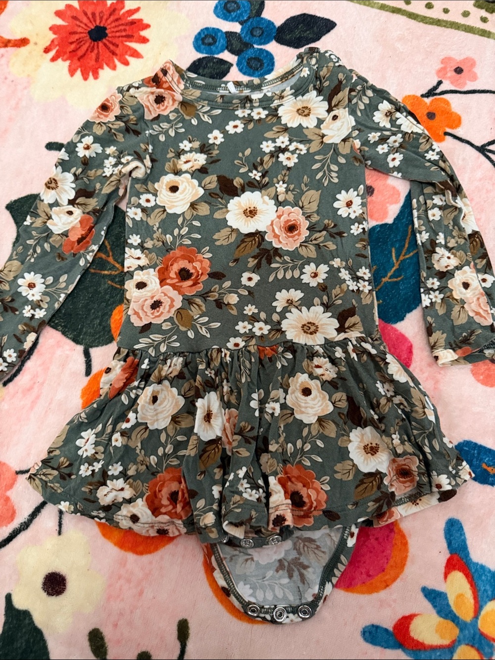 Posh Peanut Floral Ruffle Long Sleeve Dress in Green and Cream